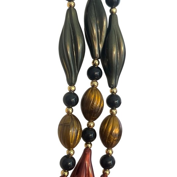 Vintage Twisted Bead Necklace Green Red Cranberry Mustard Yellow Multi Strand - Picture 2 of 5
